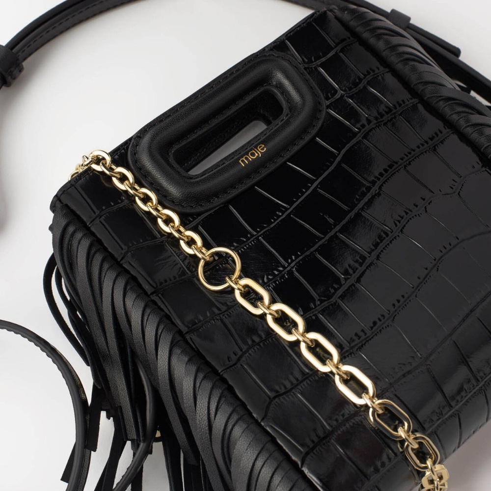Maje Black Croc-Embossed Mini Bag with Gold Chain